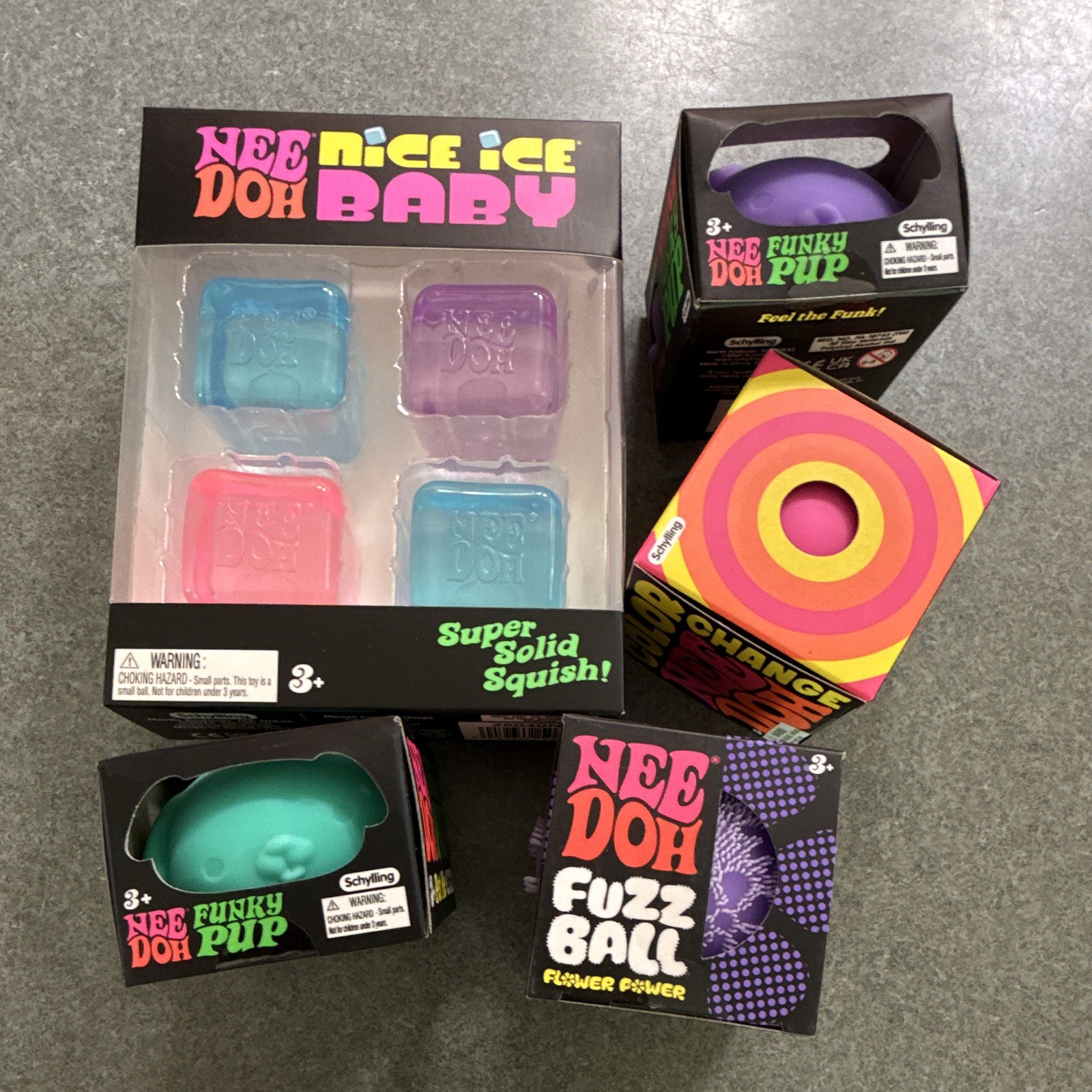 NeeDoh Sensory Toy Lot of 5, 1 Nice Ice Baby 1 Funky Pup 1 Color Change 1 Fuzz