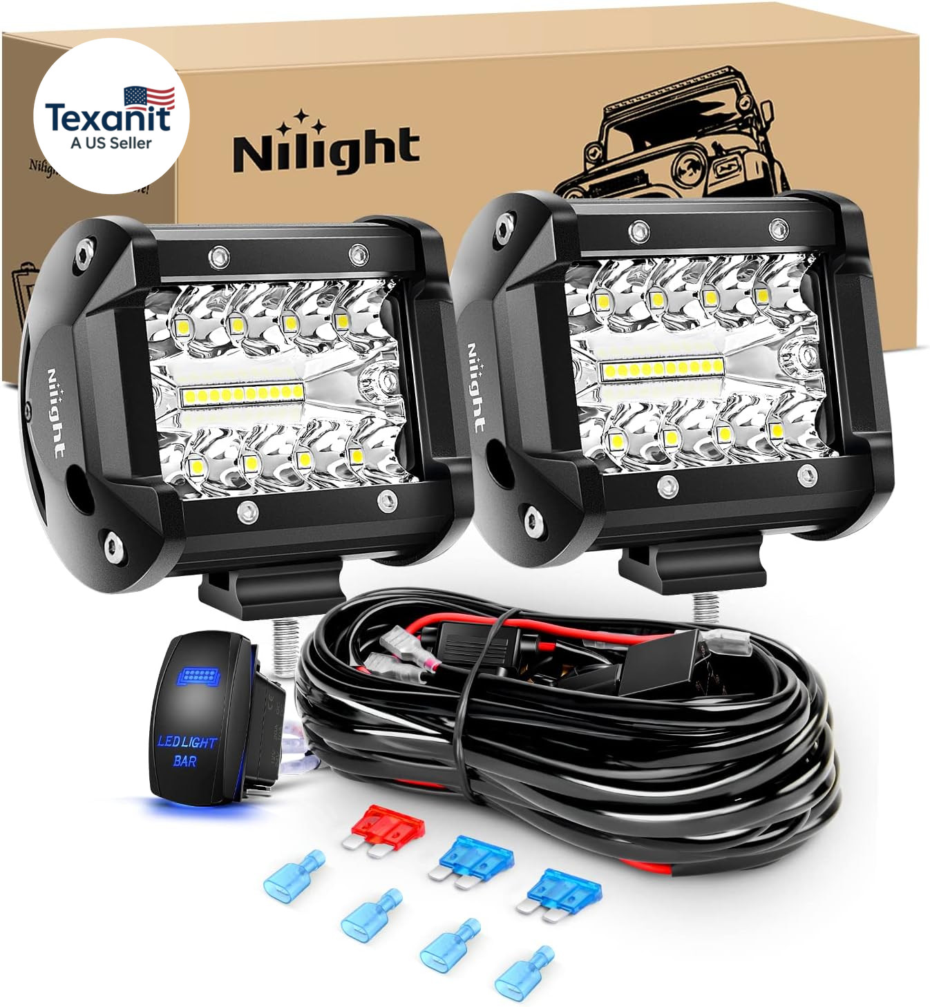 2PC 4Inch Triple Row Lights 60W Flood Spot Combo 6000LM Bar Driving Boat Led off