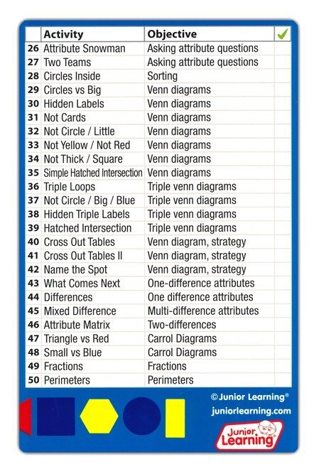 New 50 ATTRIBUTE BLOCK ACTIVITIES Learning CARD SET Math Shapes Sizes Colors NIB
