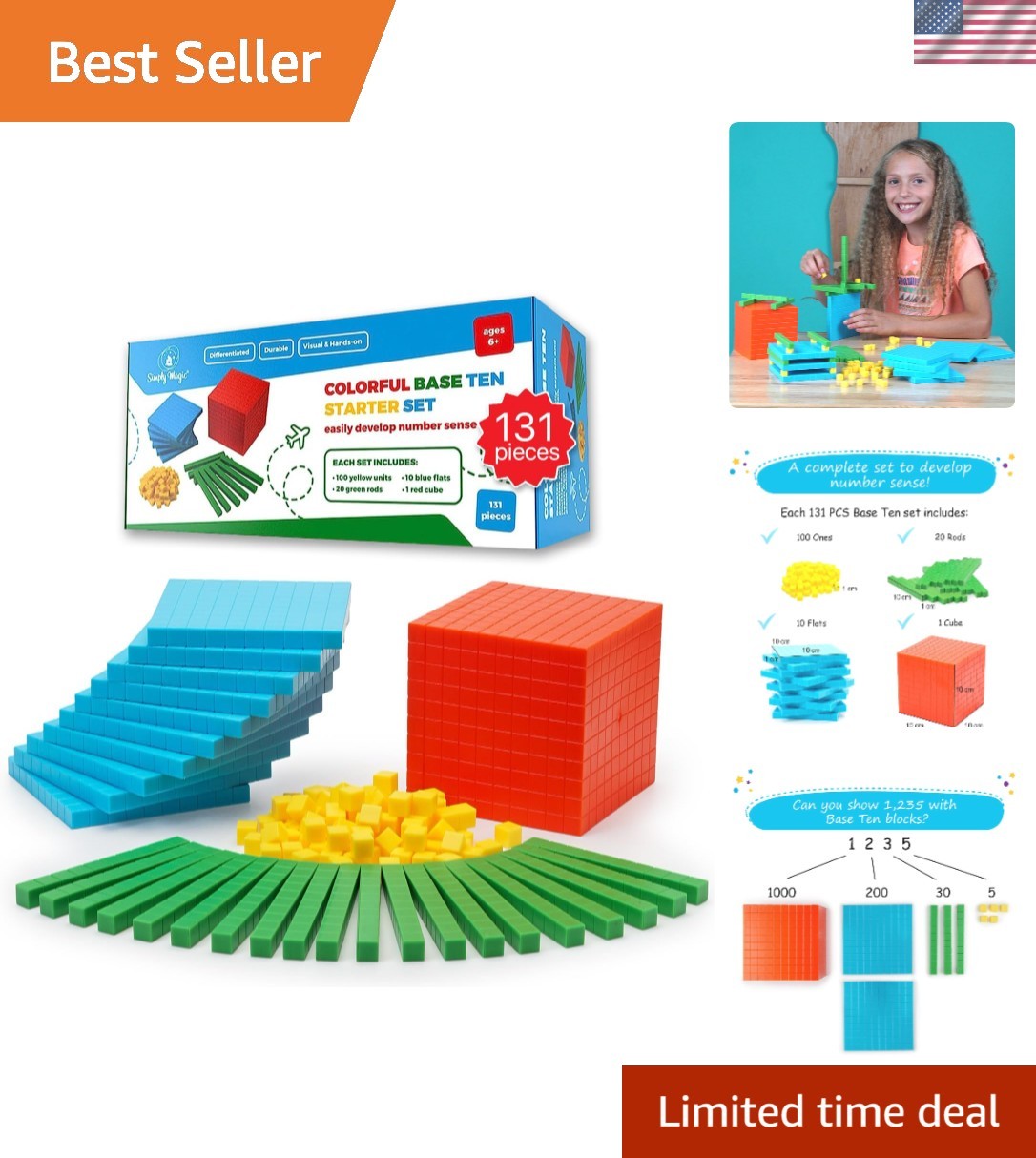 Colorful 131 PCS Base Ten Blocks – Ideal Math Manipulatives for Home & Classroom