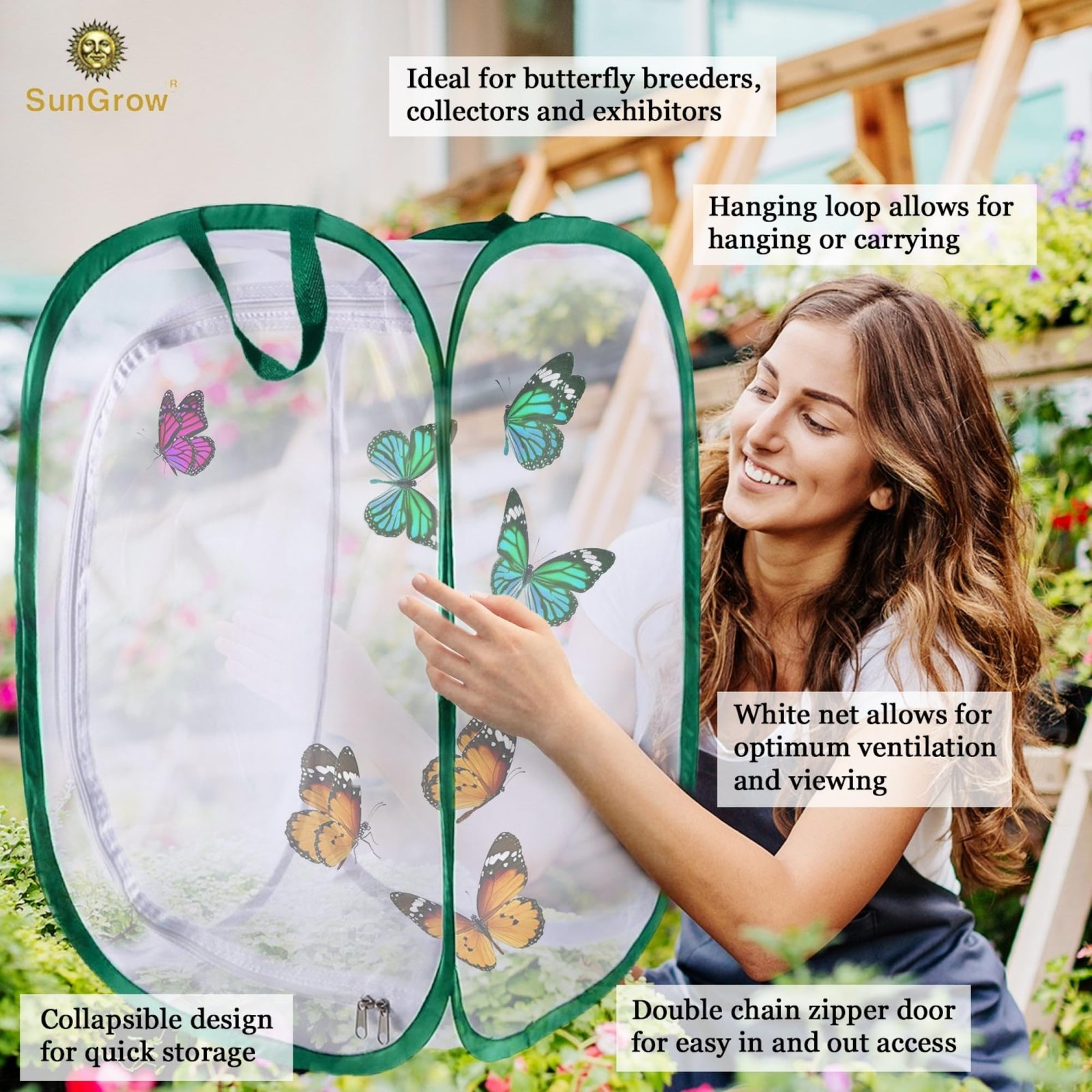 SunGrow Foldable Butterfly Habitat, 24″ Cage for 24″, Green