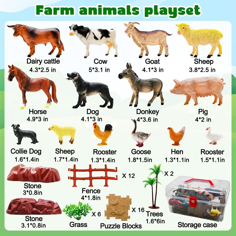 Farm Animal Figurines Playset with Fences, 53 PCS, Educational Kids Toy