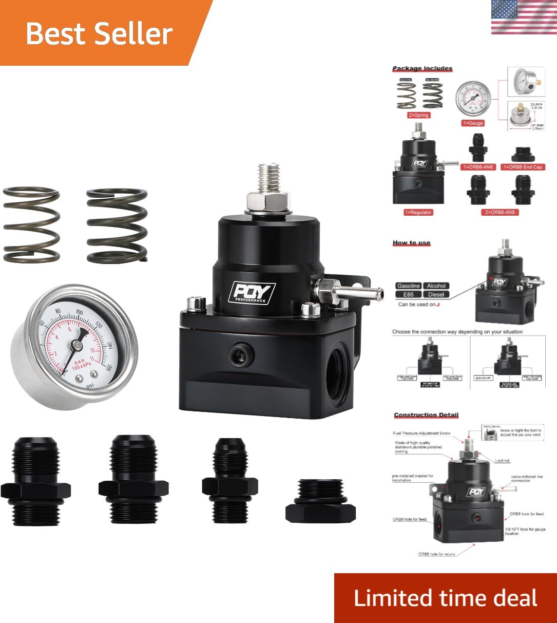 Adjustable Fuel Pressure Regulator Kit 3-70PSI with AN8 Feed Port and AN6 Ret…