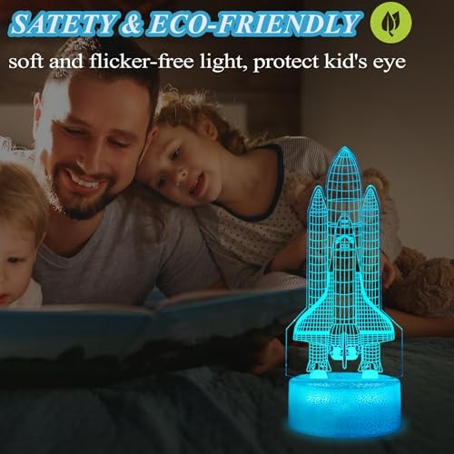 Night Light Gifts, Rocket 3D Illusion Lamp with 16 Colors Space Shuttle