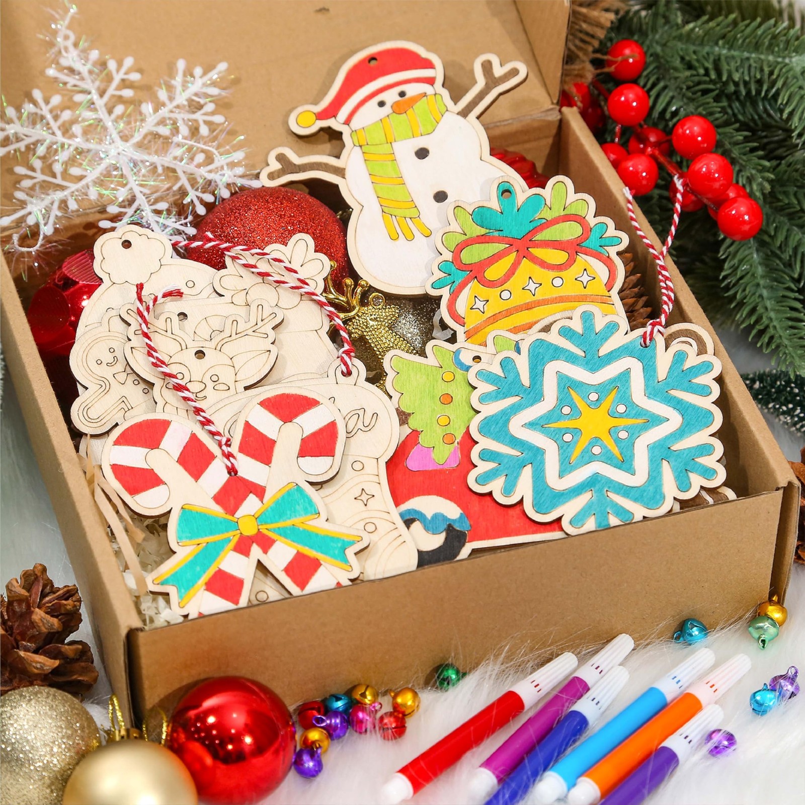 Golibra 40 PCS Wooden Christmas Ornaments, 20 Styles Unfinished Wood Crafts K…