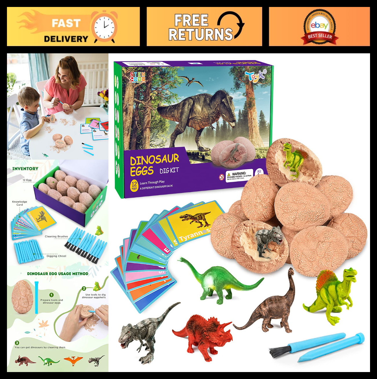 Dinosaur Fossil Egg Digging Kit – 12 Unique Eggs, STEM Toy for Kids 3-12