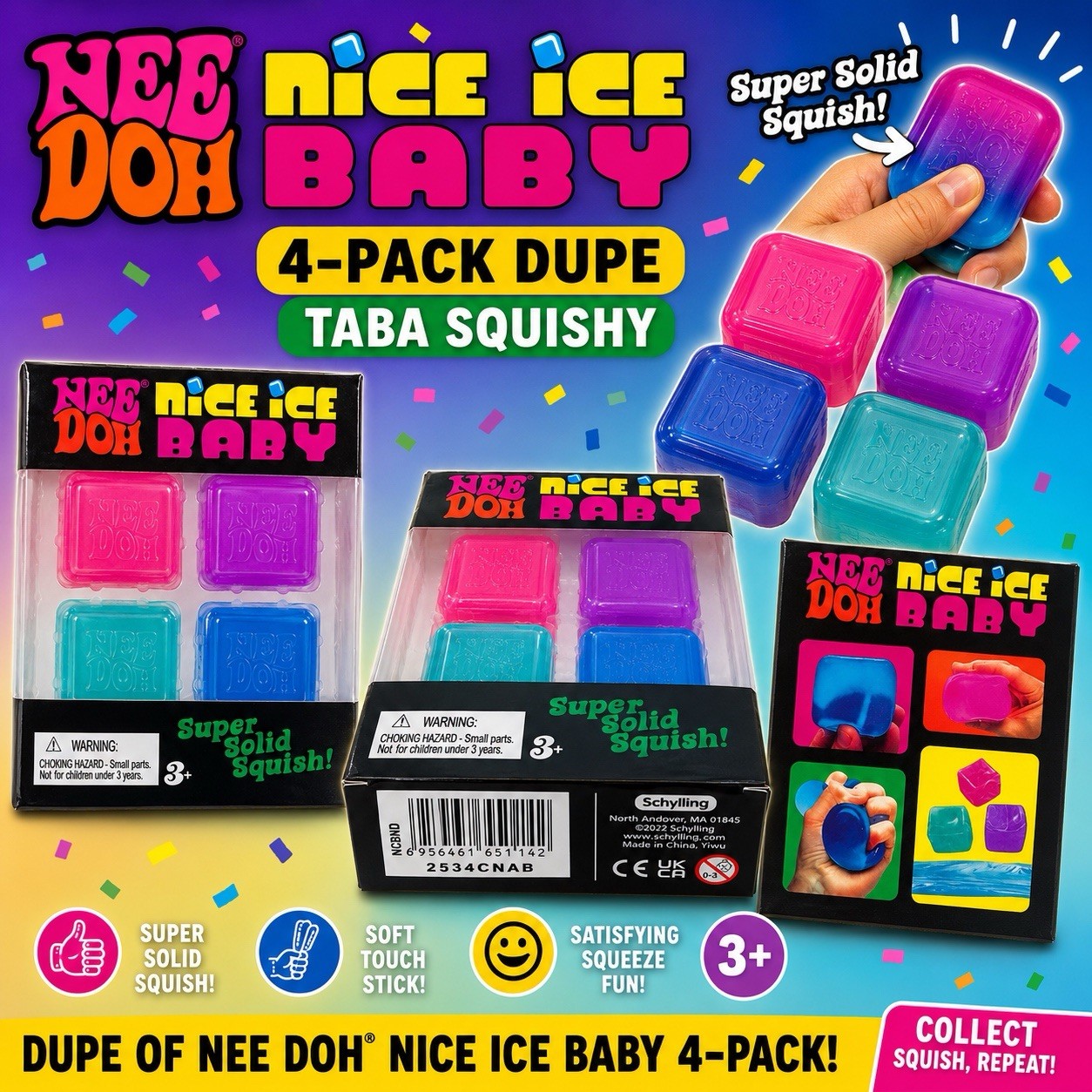 NeeDoh Nice Ice Baby 4-Pack DUPE Taba Squishy [Pink, Purple, Teal, & Blue Cubes]