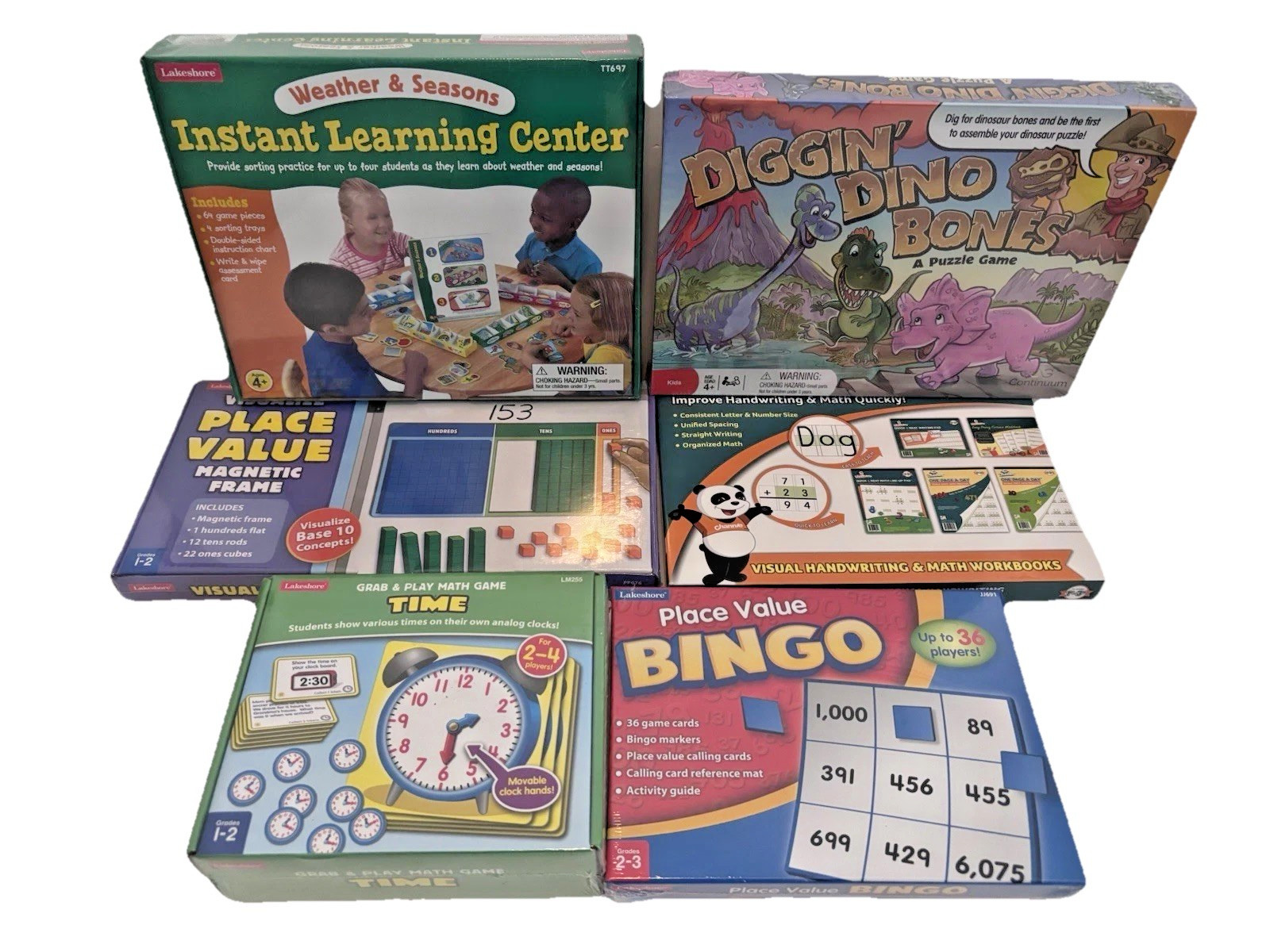 LAKESHORE Learning Math GAMES Lot Place Value TELL TIME Weather Seasons Ages 4-7