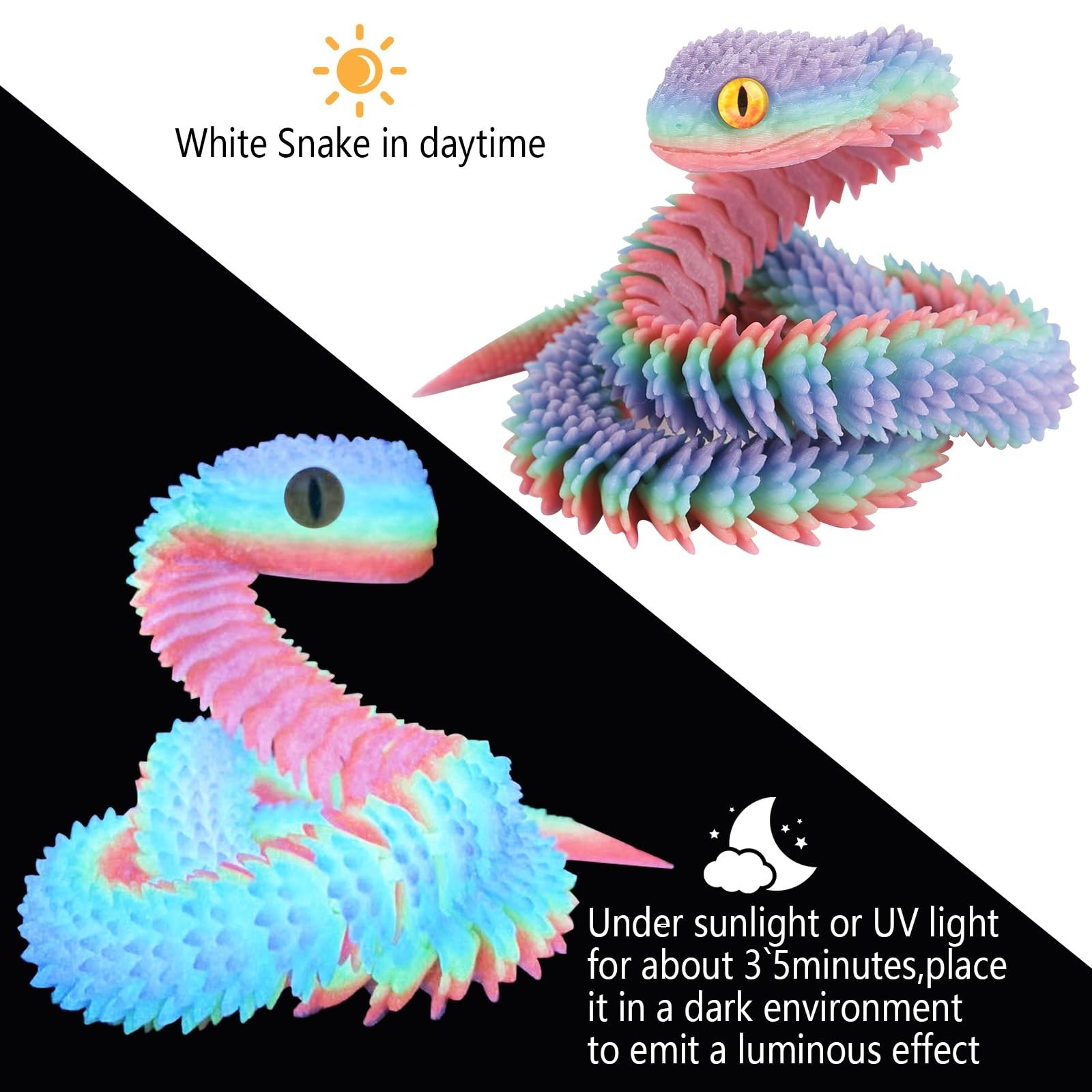 24in Flexible 3D Printed Snake – Articulated Luminous Rainbow Anaconda Toy