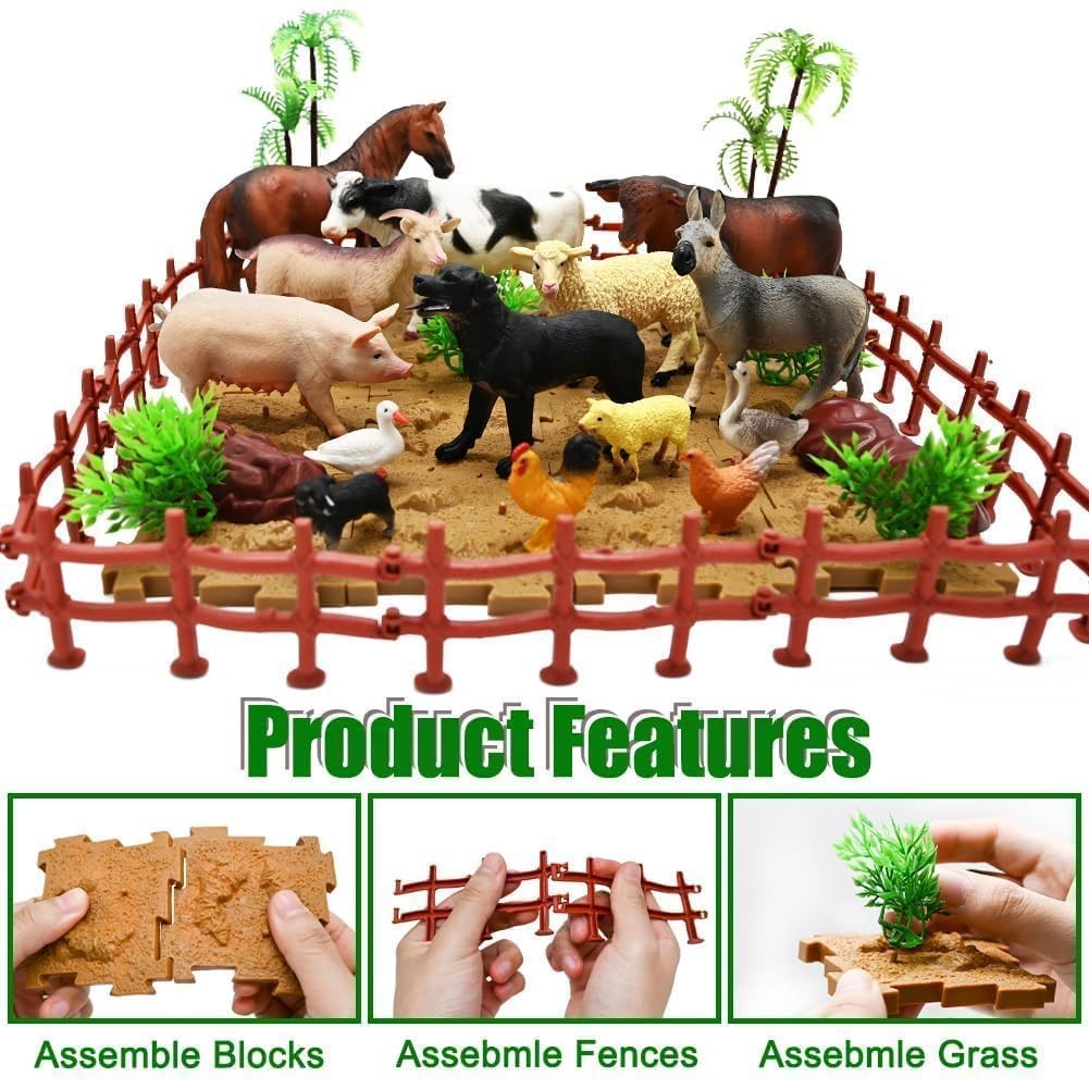 Farm Animal Figurines Playset with Fences, 53 PCS, Educational Kids Toy
