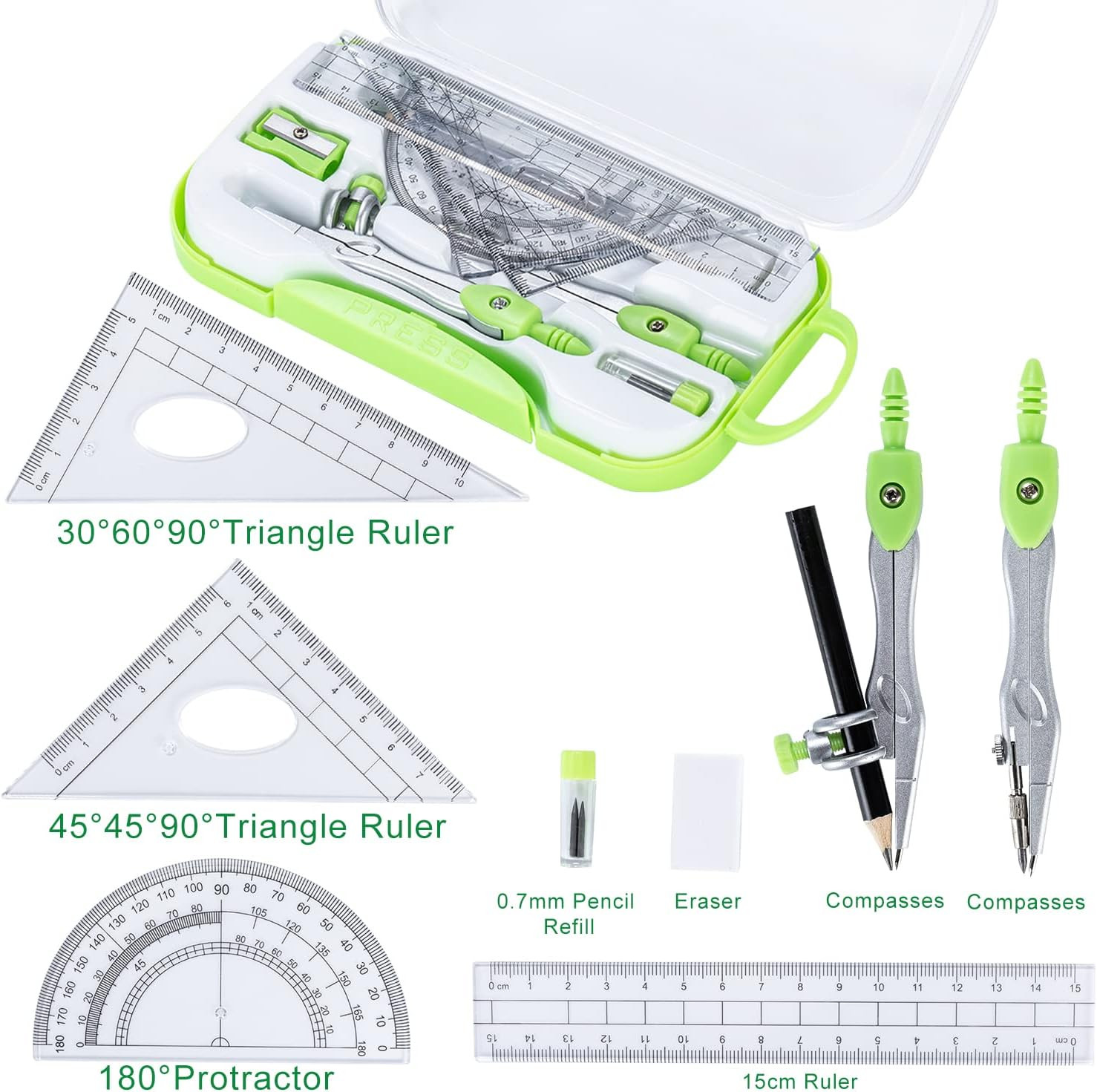 10 Pieces Math Geometry Kit Set with Shatterproof Storage Box, Student Supplies