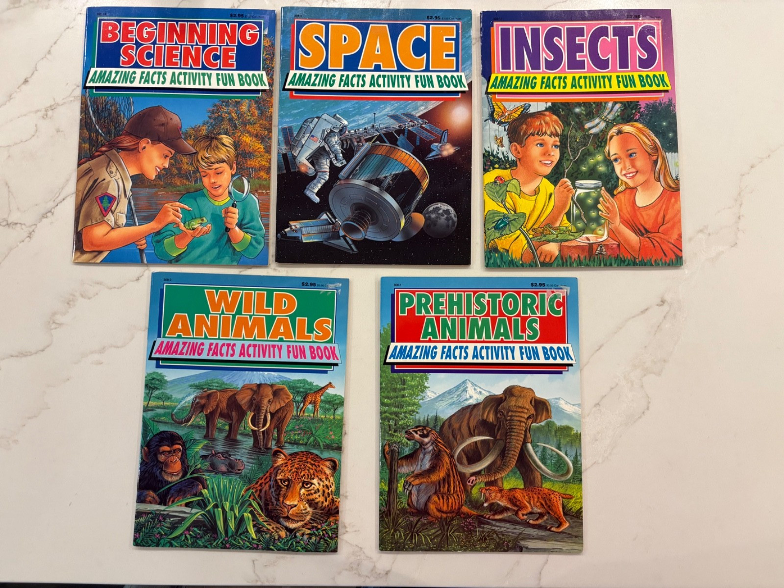 5 Kids Vintage Science Activity Fun Facts Workbooks-Animals Space Dinosaurs
