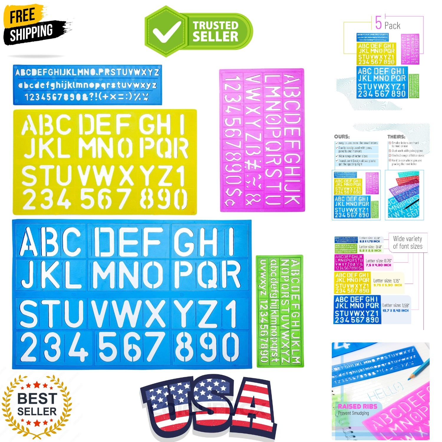 Letters and Numbers Alphabet Templates, Letter Stencils, Pack of 5