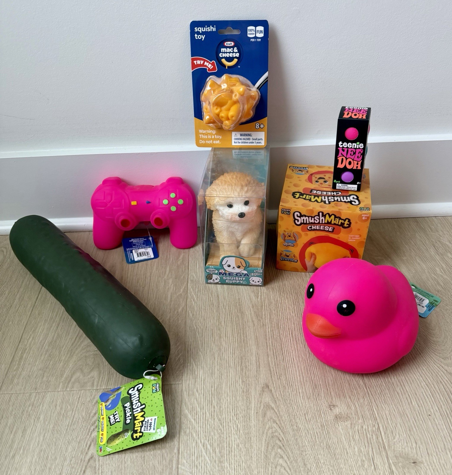 Needoh Squishy Lot 7 Viral TikTok Pickle Squishee Duck Cheese Controller Puppy