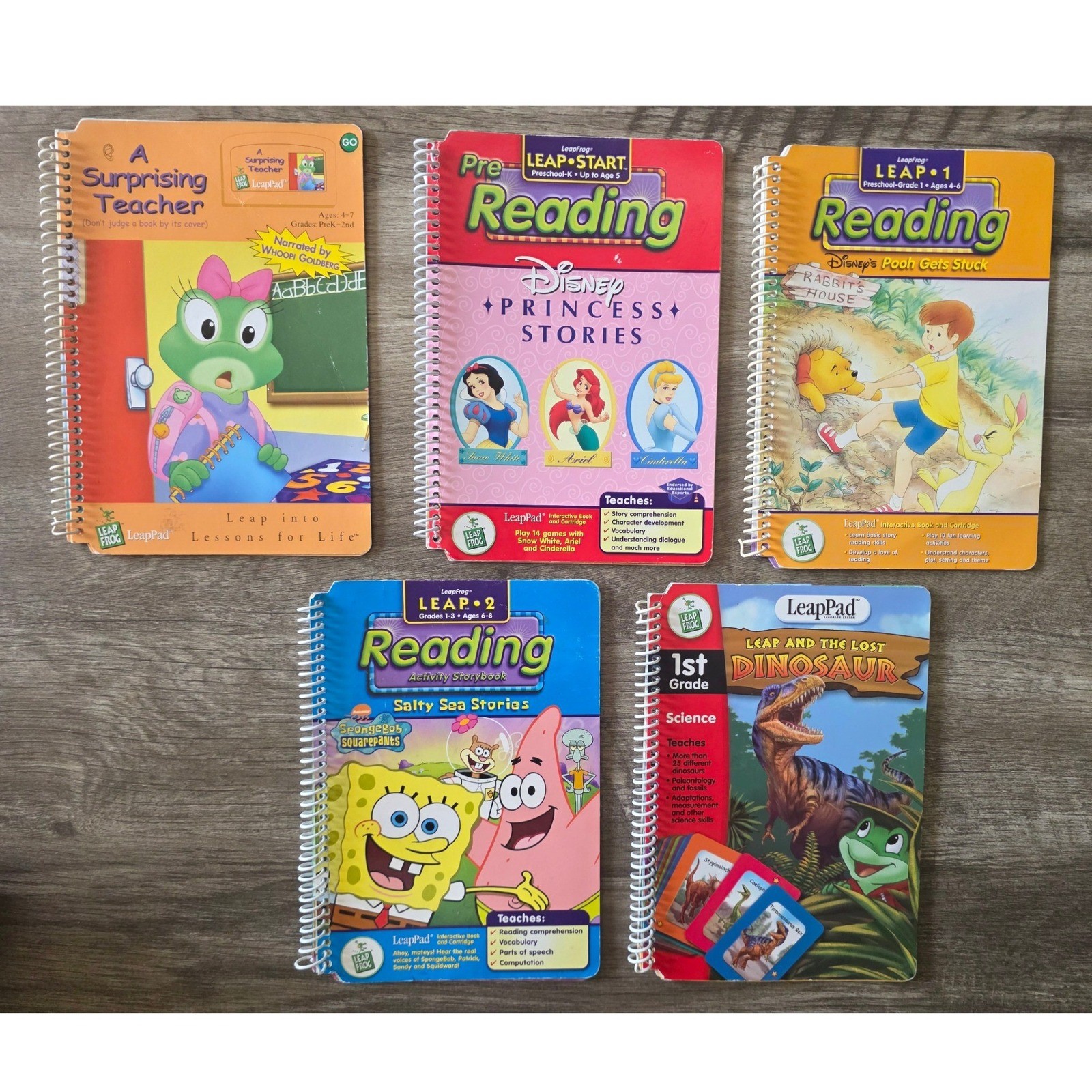 LeapFrog LeapPad Book Lot Disney Princess SpongeBob Winnie the Pooh Dinosaur 5pc