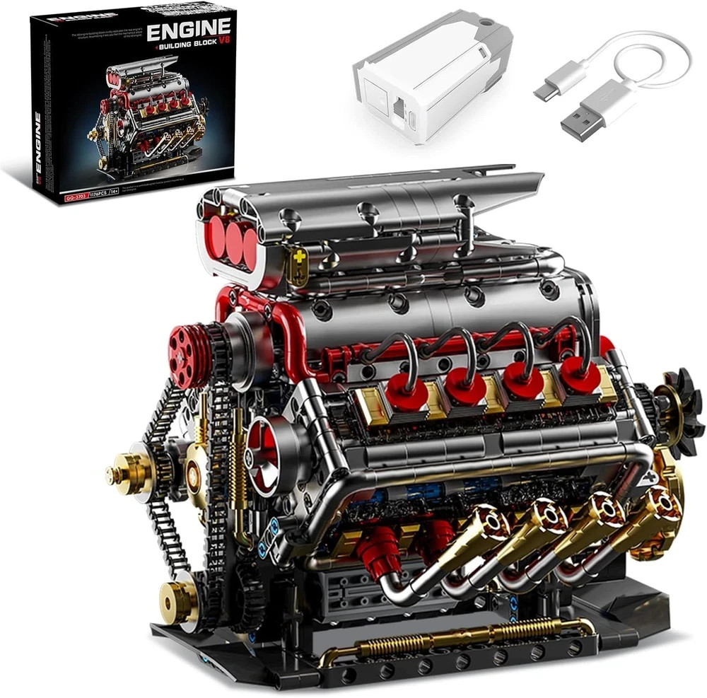 V8 Engine Model Kit That Runs, 8-Cylinder Car Engine Building Set with Rechargea