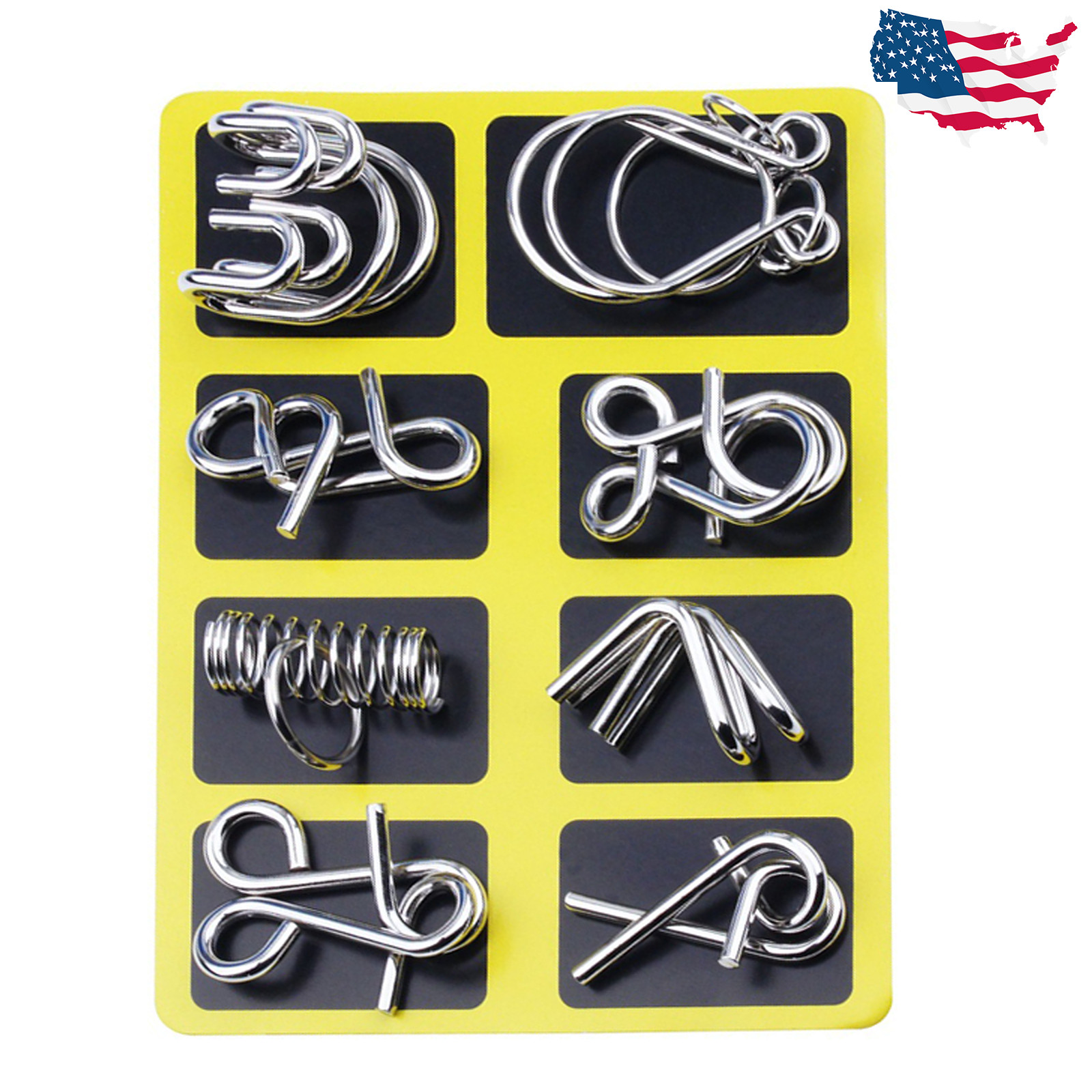 8PCS Brain Teaser Metal Wire Puzzle Set Yellow Kids Adults Gift Toy