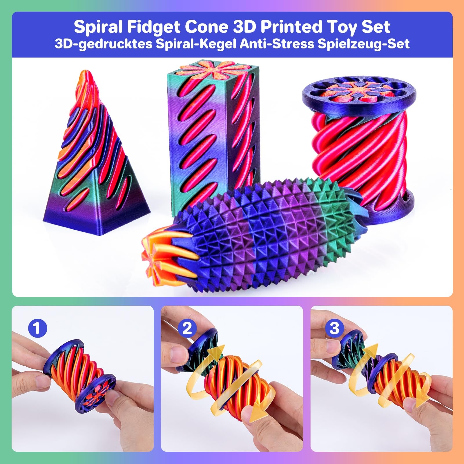 4-Pack 3D Printed Set, Impossible Cone Spiral Pyramid & Little Ouchies Pain S…