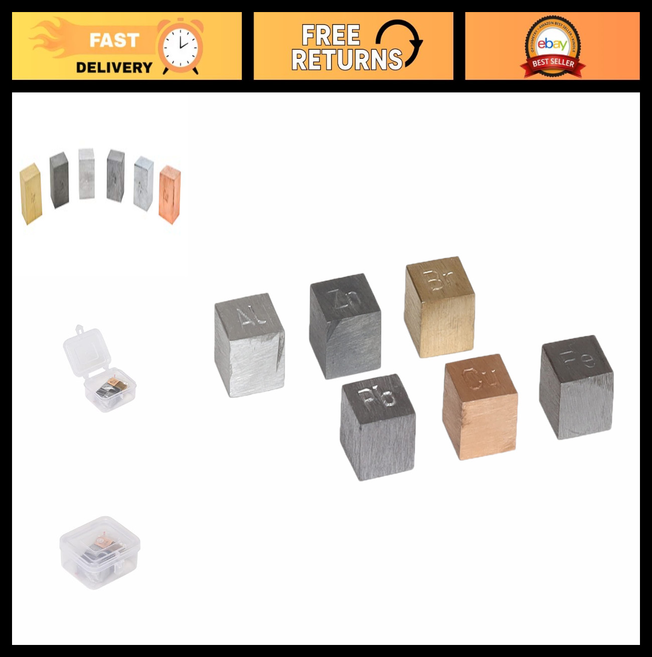 Density Cubes Set – 6 Metal Samples: Brass, Lead, Iron, Copper, Aluminum, Zinc –