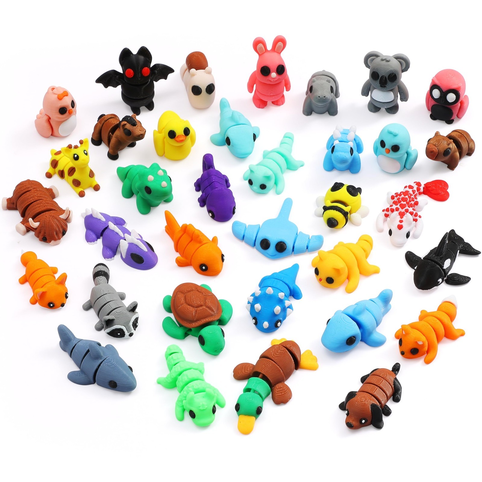 35 pcs Mini 3D Printed Animal Figurines – Flexible Fidget Toys, Cute Desk Decor,