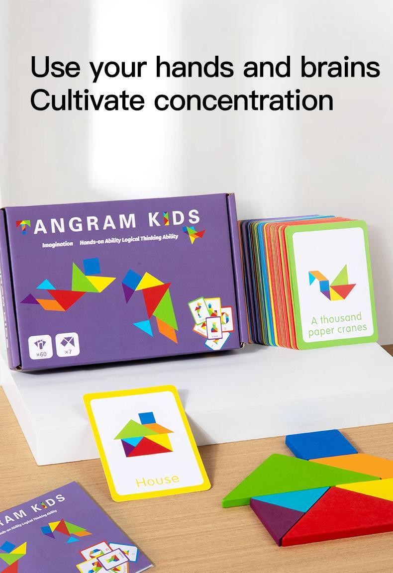 Wooden Tangram Puzzle Montessori Educational Shape Matching Board Game Kids Toy