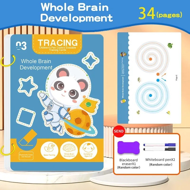 34-Page Kids Workbook Reusable Erasable Pen Early Learning Drawing Writing
