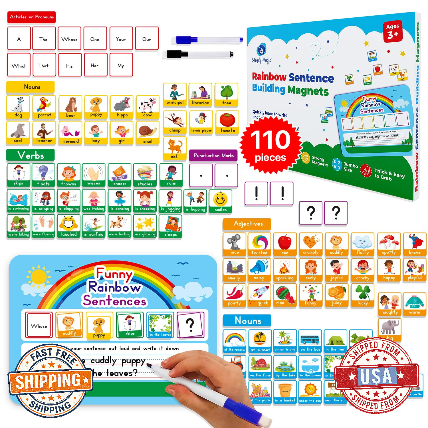110-Piece Sentence Building Kit for Kids, Speech & Spell Games, Word Magnets