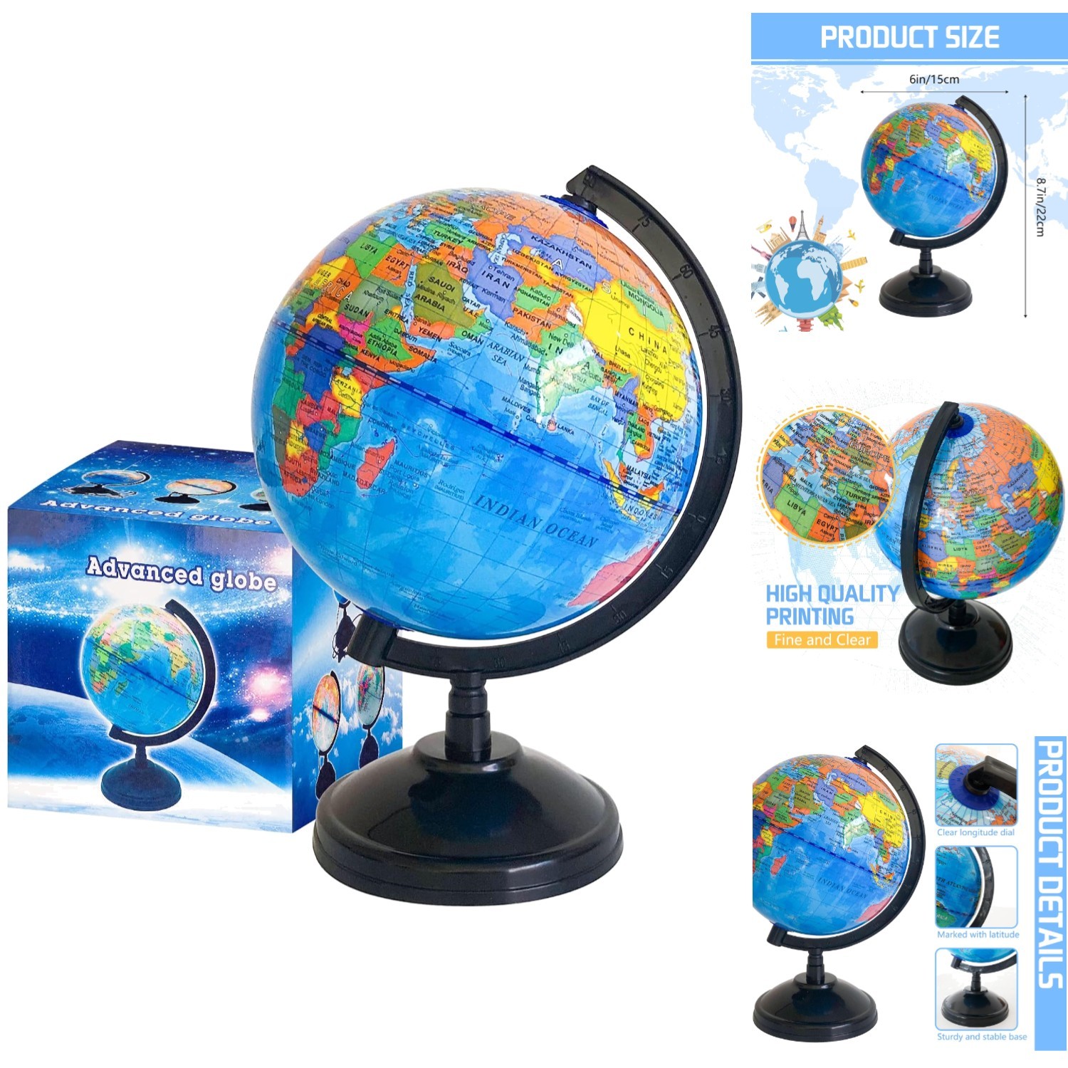 6-Inch Rotating Educational World Globe with Stand – Perfect for Kids’ Rooms