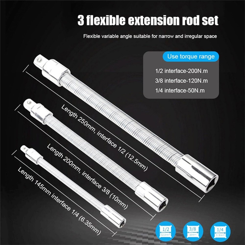 3pcs Flexible Ratchet Extension Rod Socket Extender for Impact Wrench Car Repair