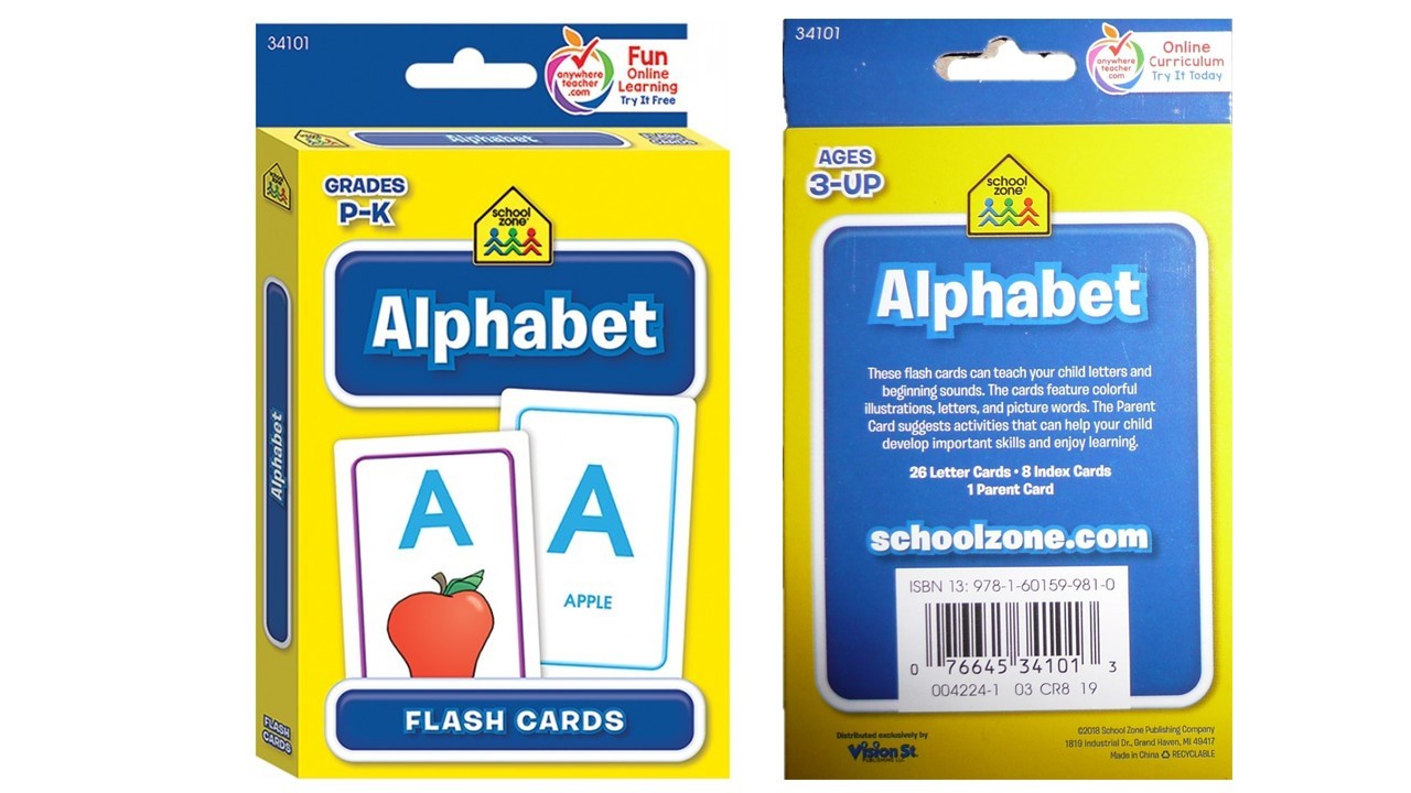 Preschool Flash Cards Alphabet Numbers Colors For Beginners School Zone 4-Pk