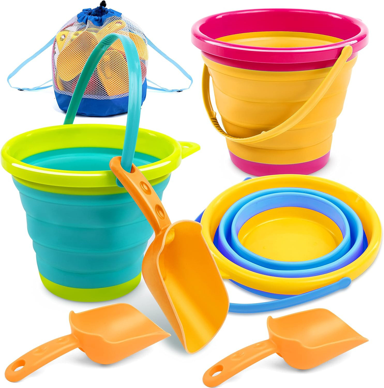 3 Packs Foldable Pail Bucket with Shovels & Mesh Bag, Collapsible Buckets Multi