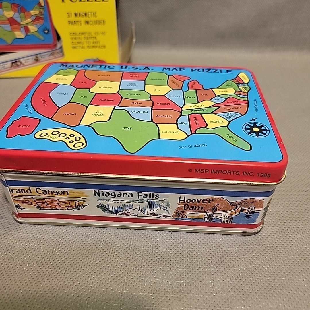 USA Magnetic Map Puzzle 37 Vinyl Magnetic Parts with Metal Tin MSR Imports 1989