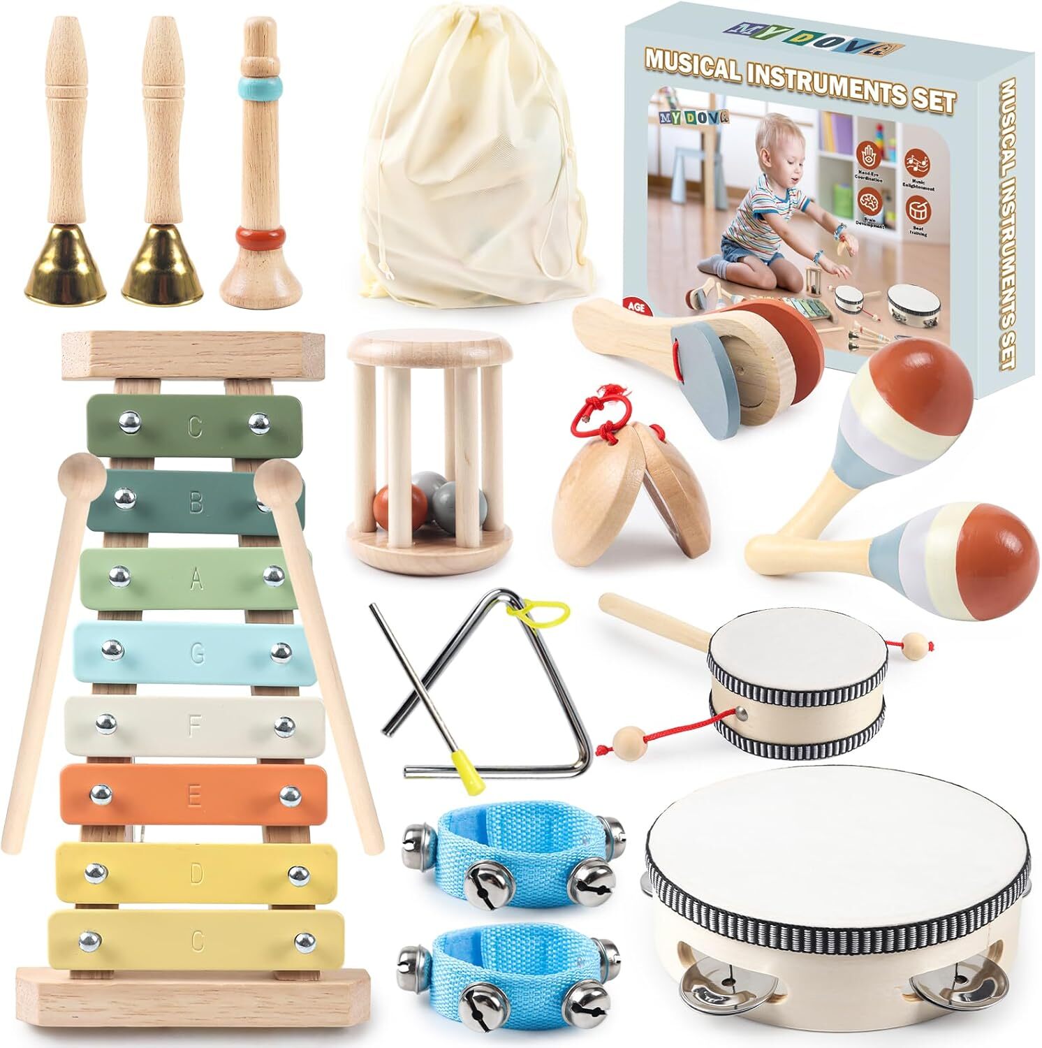 3+ Toddler Musical Instruments, 11 in 1 Baby Montessori Wooden Musical Toys