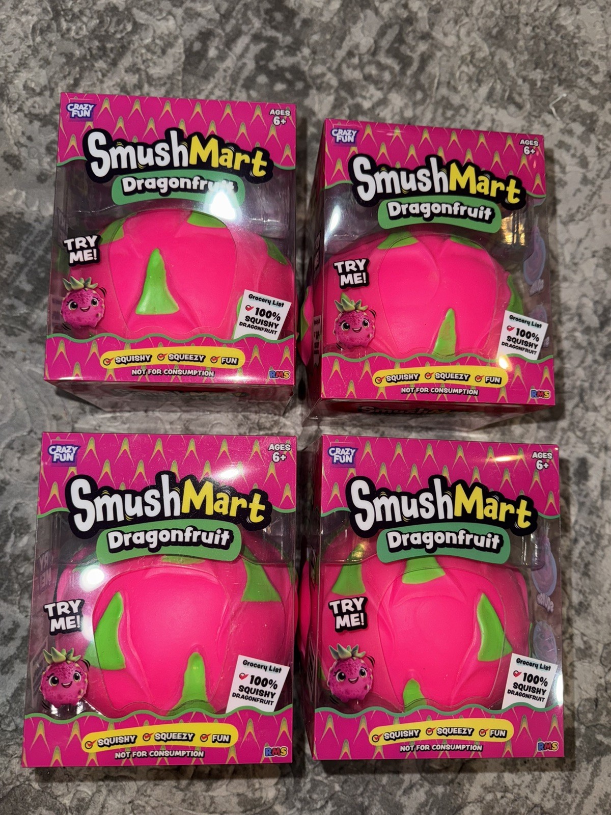 LOT OF 4 SmushMart Dragonfruit Squishy Tactile Squeeze Toy, Pink/Green