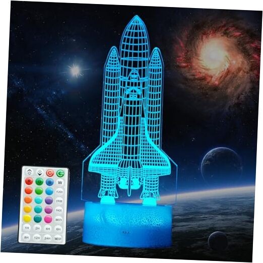 Night Light Gifts, Rocket 3D Illusion Lamp with 16 Colors Space Shuttle