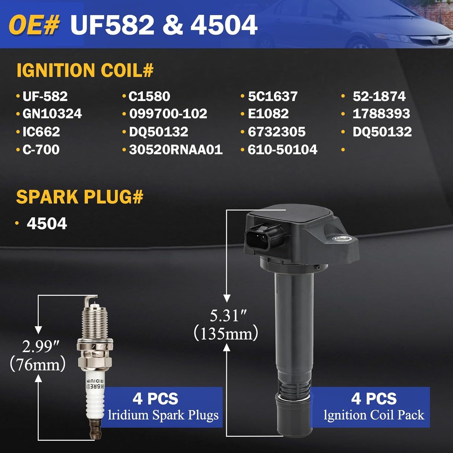 UF582 Ignition Coil & 4504 Double Iridium Spark Plug for 2006-2011 Honda Civic