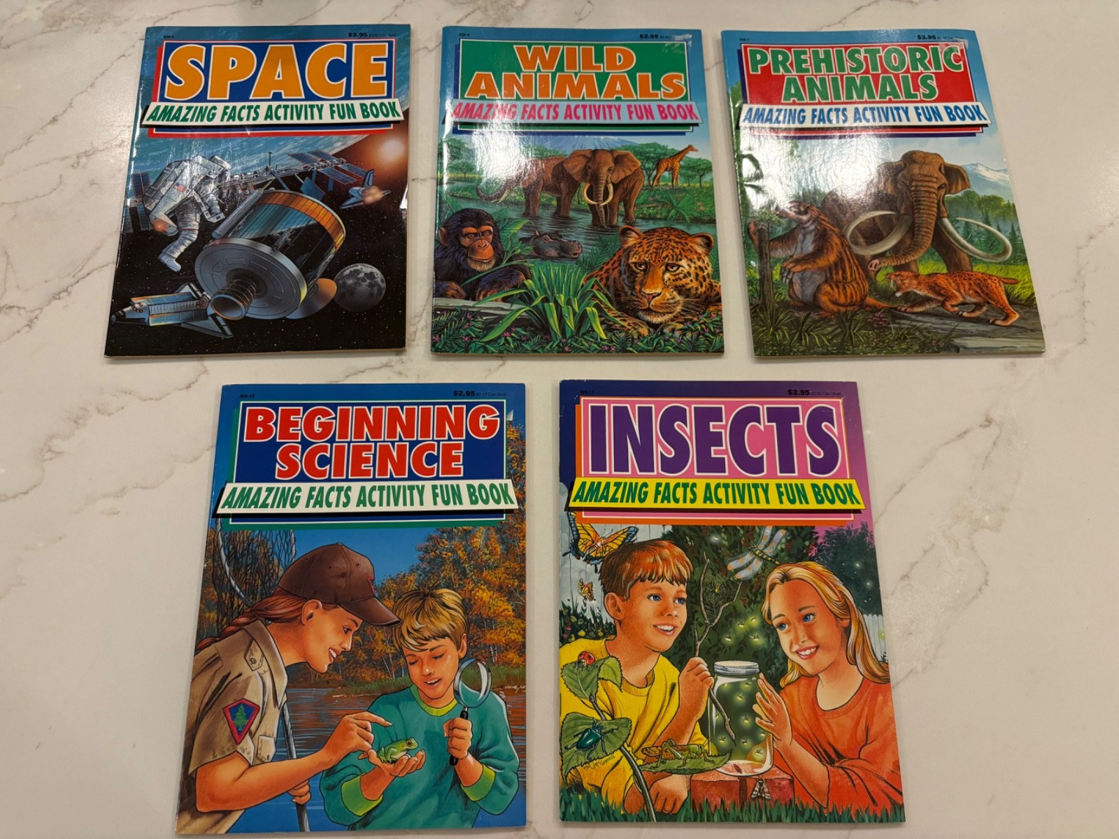 5 Kids Vintage Science Activity Fun Facts Workbooks-Animals Space Dinosaurs