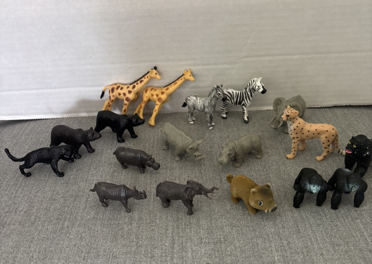 LOT of 18 miniature mini Wild Animals toys Giraffe Zebra Hippo Ape Elephant