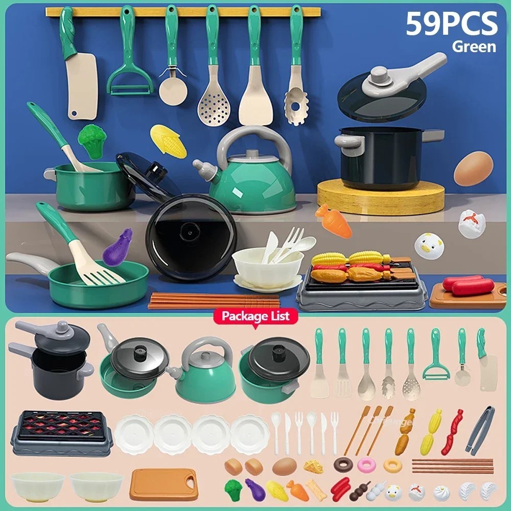 Kids Kitchen Play Set 92/69/59PCS Cooking Toy Pots Food Accessories