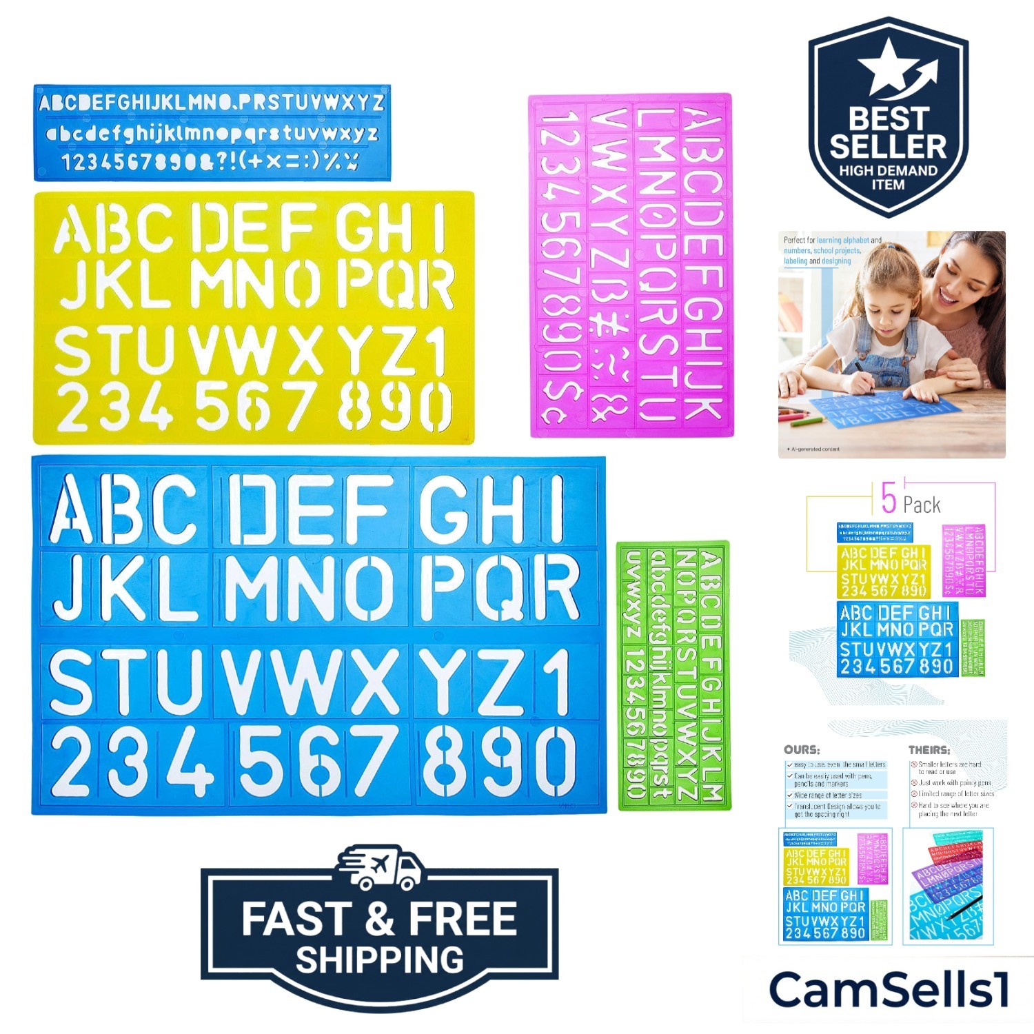 Letters and Numbers Alphabet Templates, Letter Stencils, Pack of 5