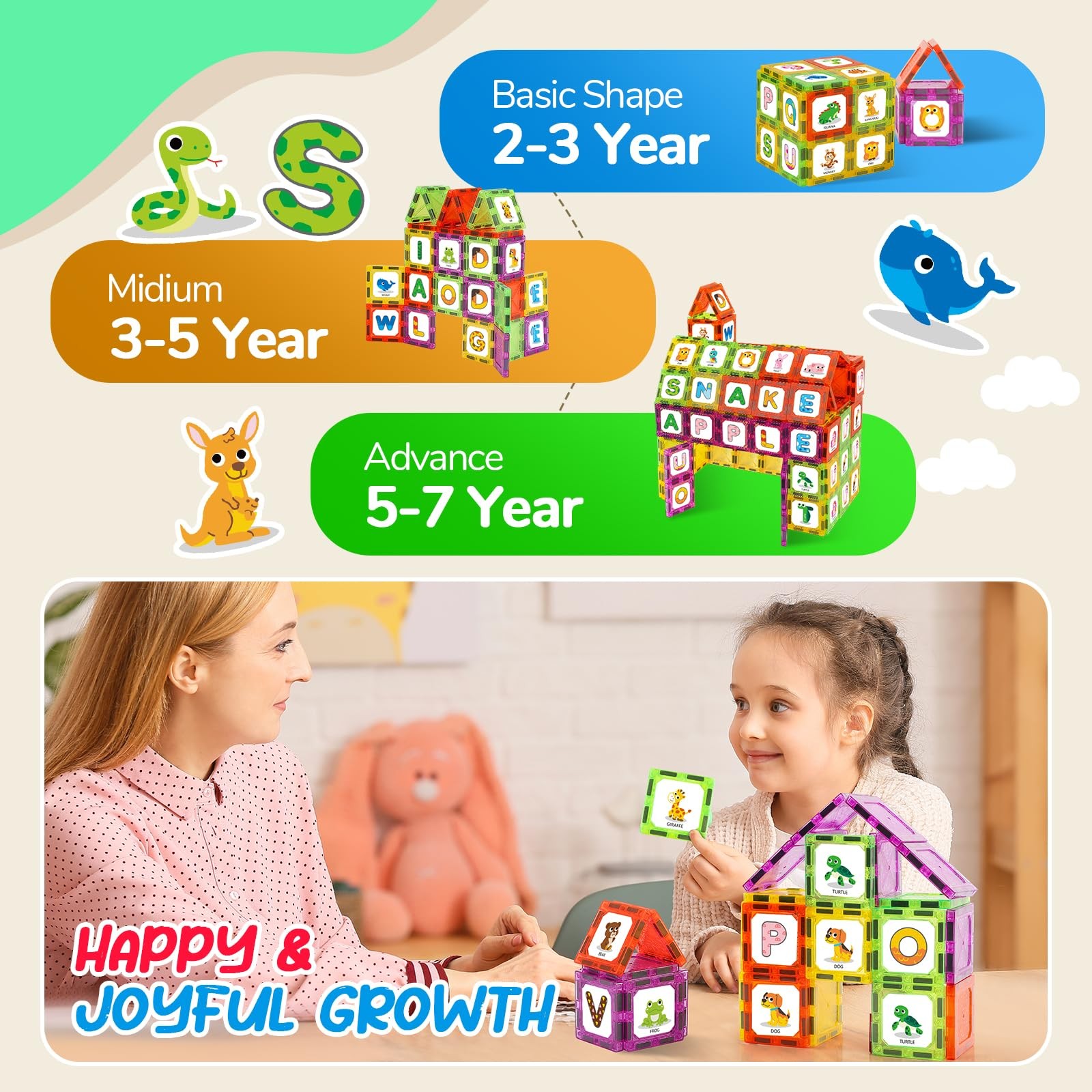 Magnetic Tiles Letters Learning Toys, Animals Alphabet ABC 48pcs, Colourful