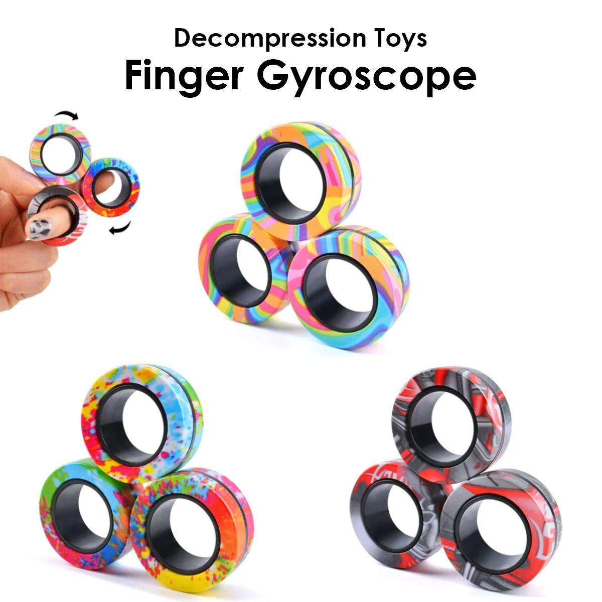 3Pcs Magnetic Rings Fidget Toy Set for Adults Teens Kids, Rainbow Red Black