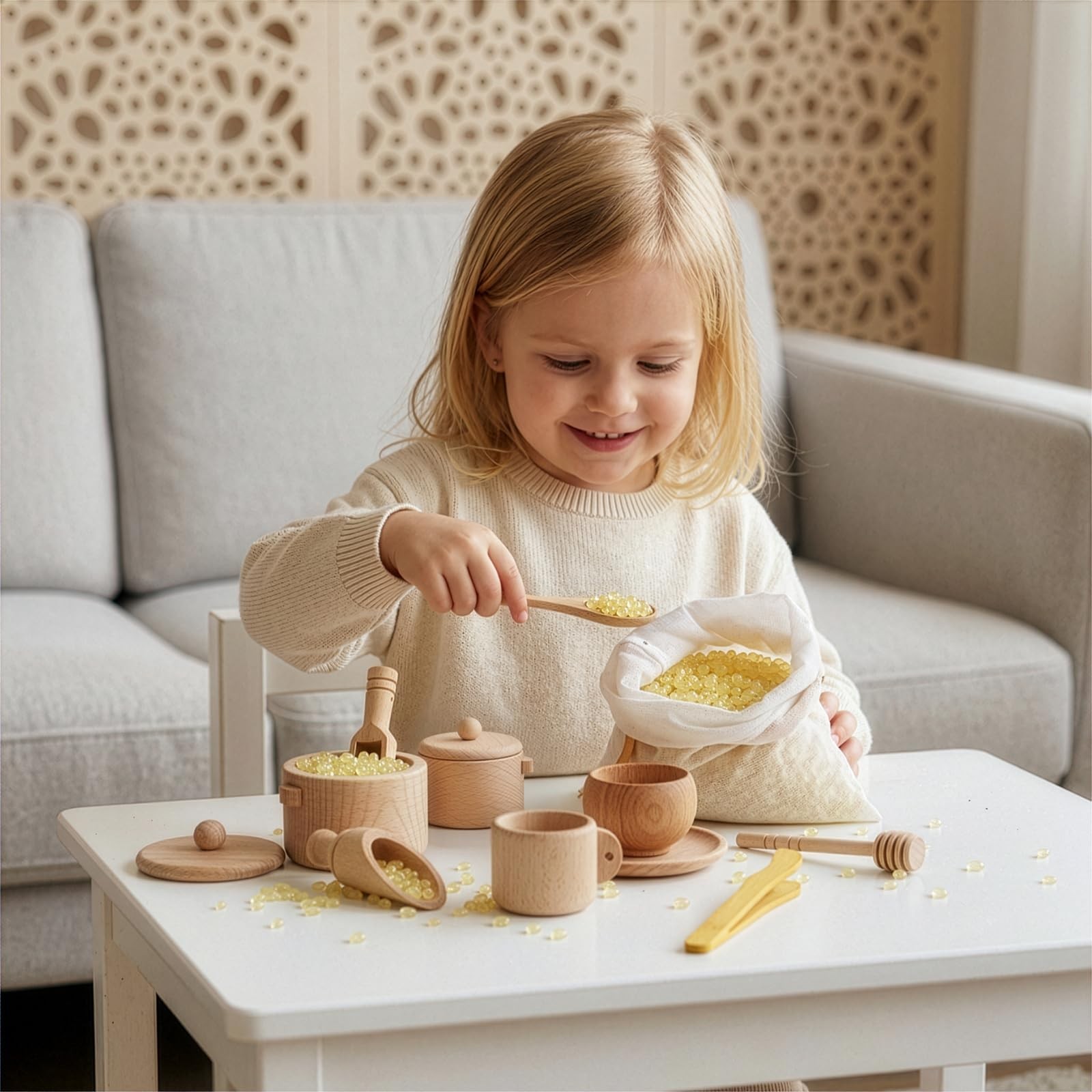 Hiceeden Set of 11 Wooden Sensory Bin Tools for Kids, Medium, Wood Color
