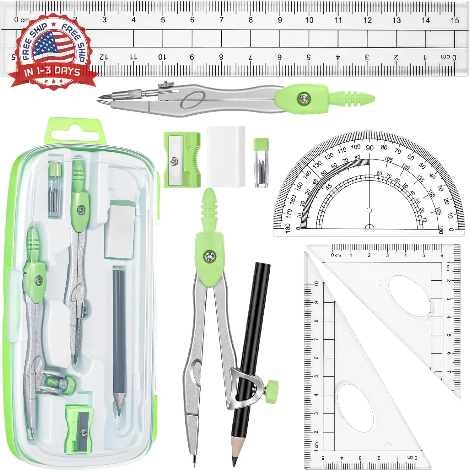 Zonon Math Geometry Set 10 Pcs Student Supplies with Shatterproof Storage Box, I