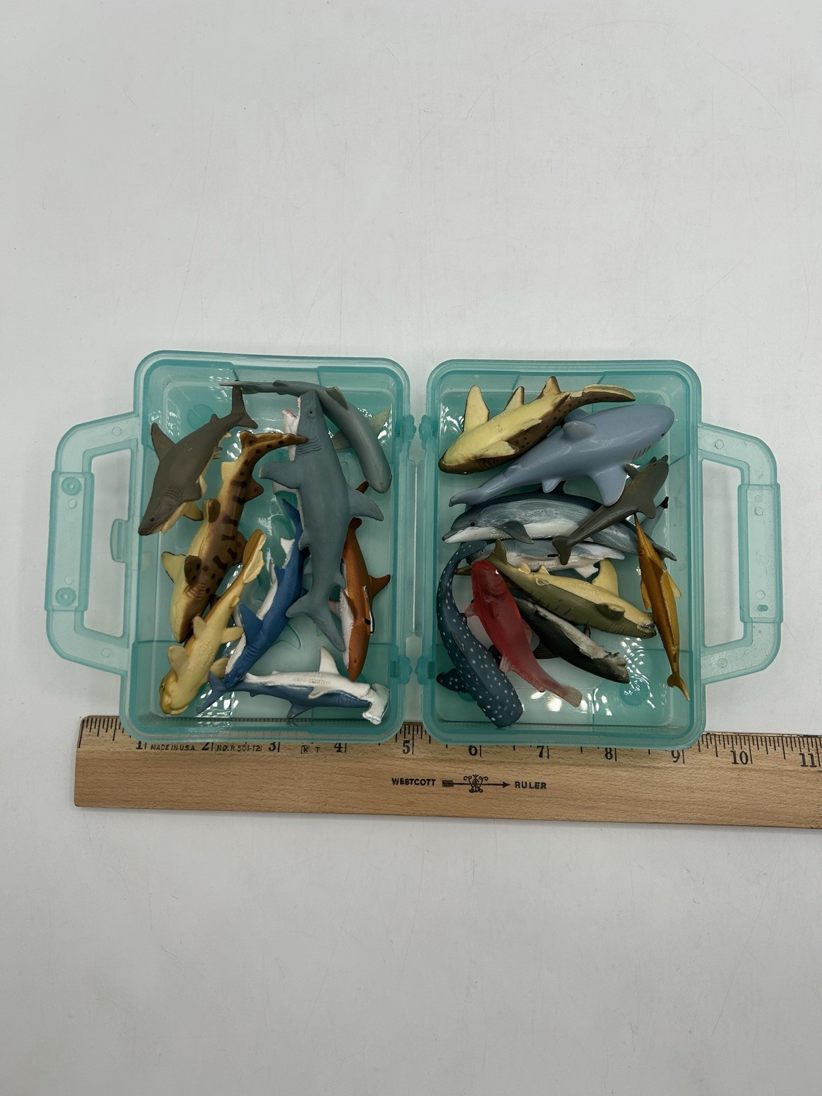 K&M International Shark Toy Lot of 18 PVC Figurines ~3” Marine w/ Carrying Case