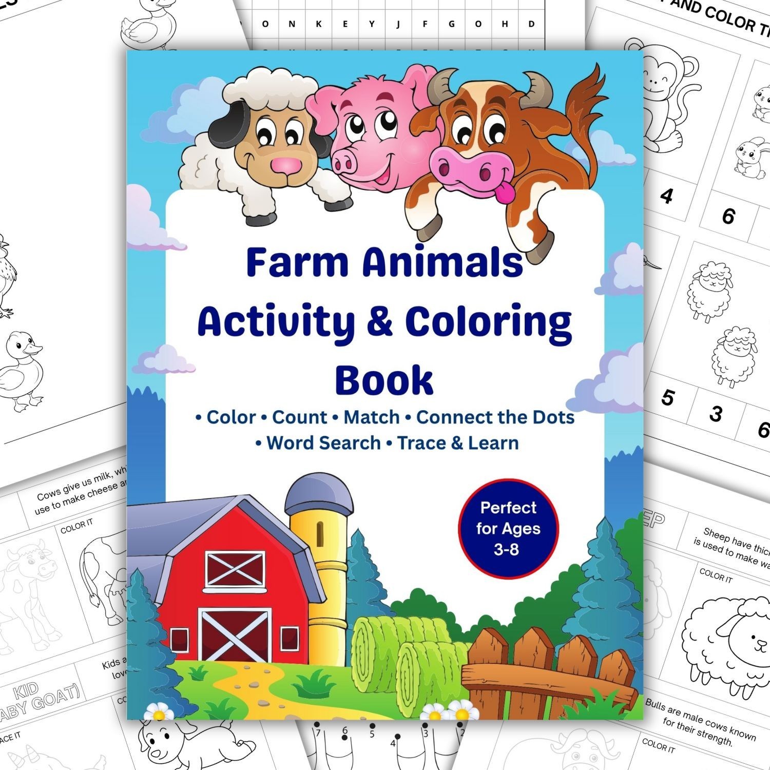 Farm Animals Activity & Coloring Book for Kids-Educational Printable Worksheets