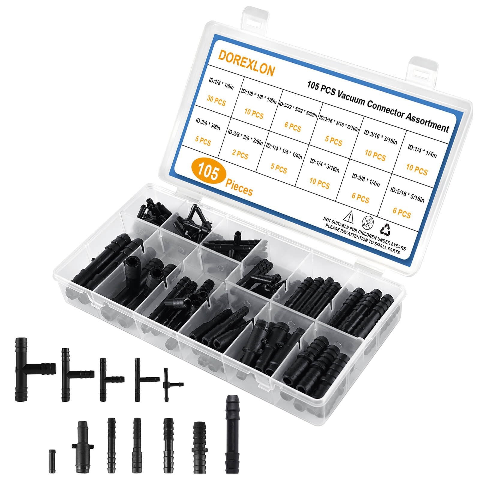 105PCS Automotive Vacuum Connector Assortment, 1/8″ 3/16″ 1/4″ 5/16″ 3/8″ Vac…
