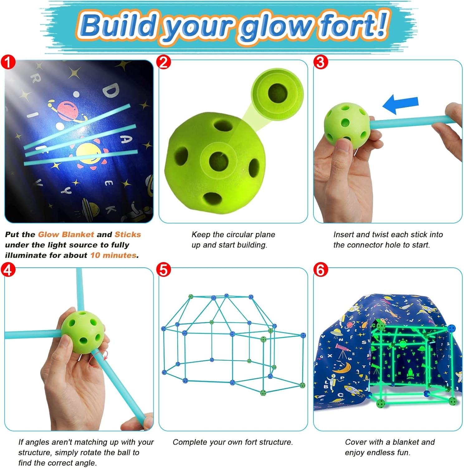 160PCS Glow in the Dark Fort Building Kit STEM for Kids 4-12