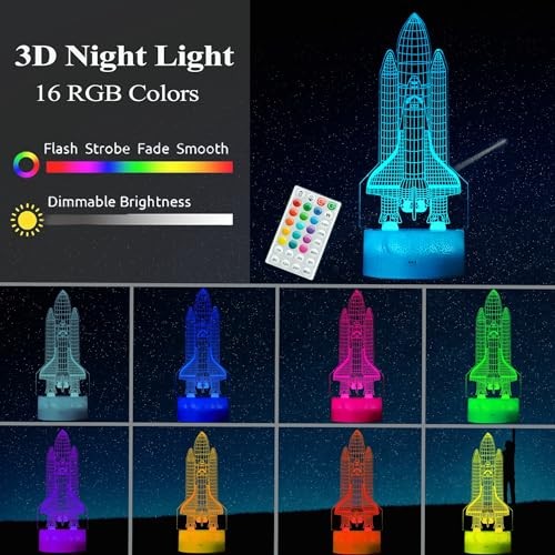 Night Light Gifts, Rocket 3D Illusion Lamp with 16 Colors Space Shuttle