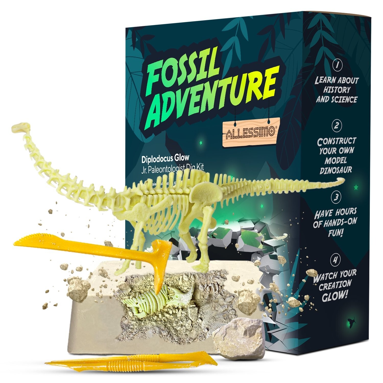 Diplodocus Block Dig Kit Glow in the Dark with 3 Tools Jr. Paleontologist